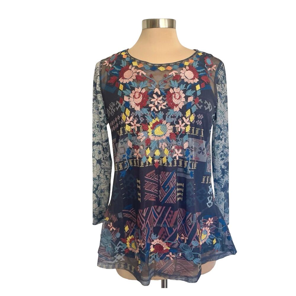 John Mark Sheer Mesh Floral Embroidered Tunic Blue Multicolor Size M Boho
